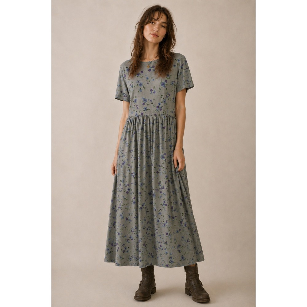 VTG Floral Maxi Dress L Sage Green Short Sleeve Cotton Boho Prairie Cottagecore